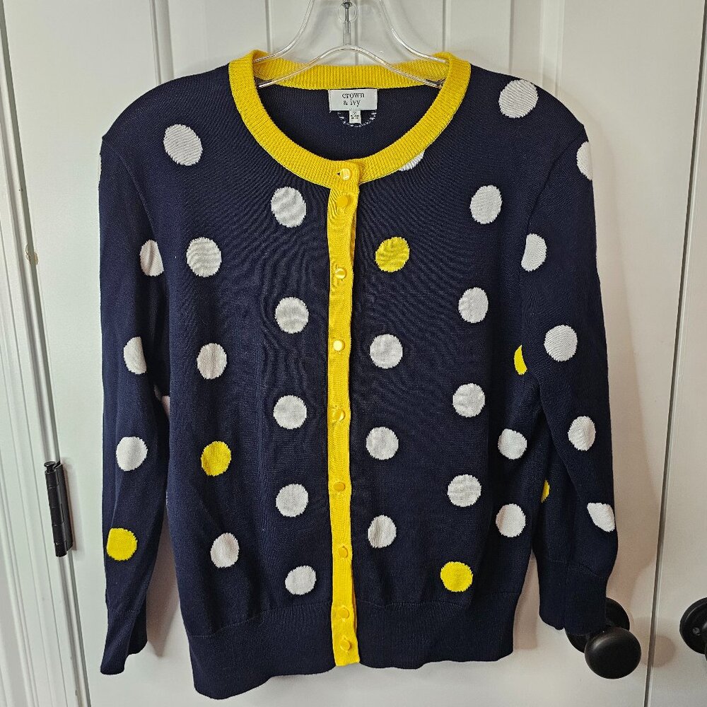 Crown & Ivy Vintage 90's Preppy Blue Polka Dot Cardigan SZ M